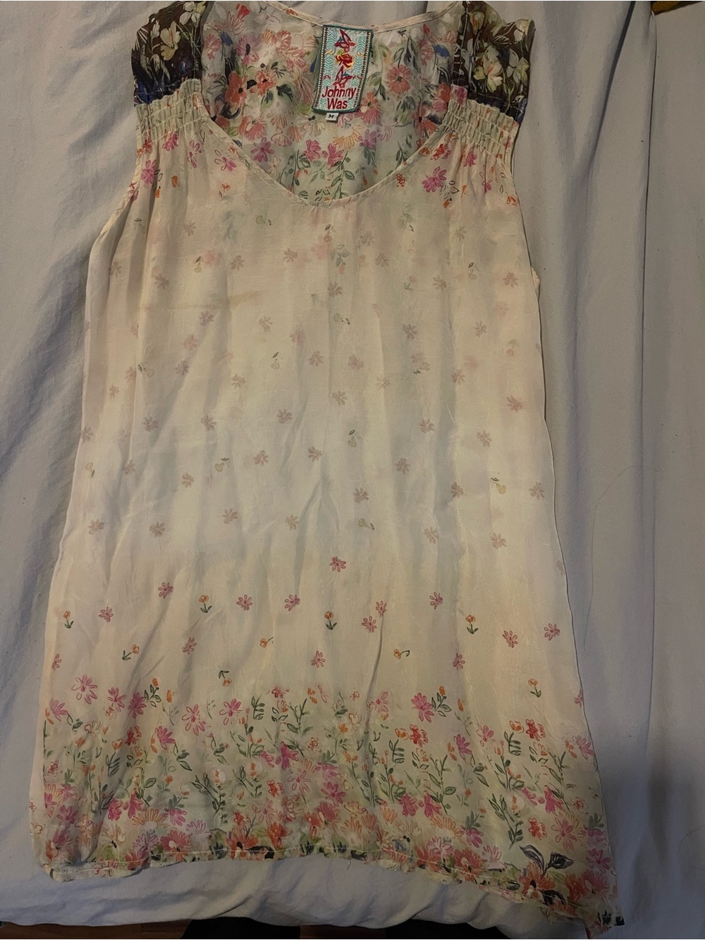 Johnny Was Whimsical Cream Floral Sleeveless slip dress with Pink & Green Print